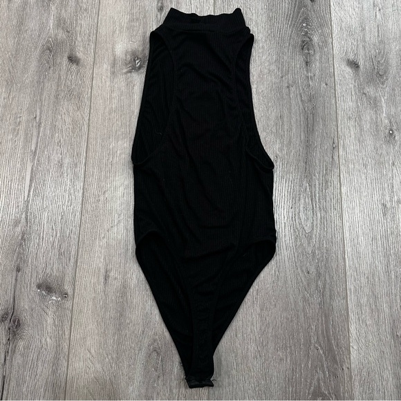 Nasty Gal Ribbed Mock Neck Black Thong Bodysuit Top - Picture 1 of 3